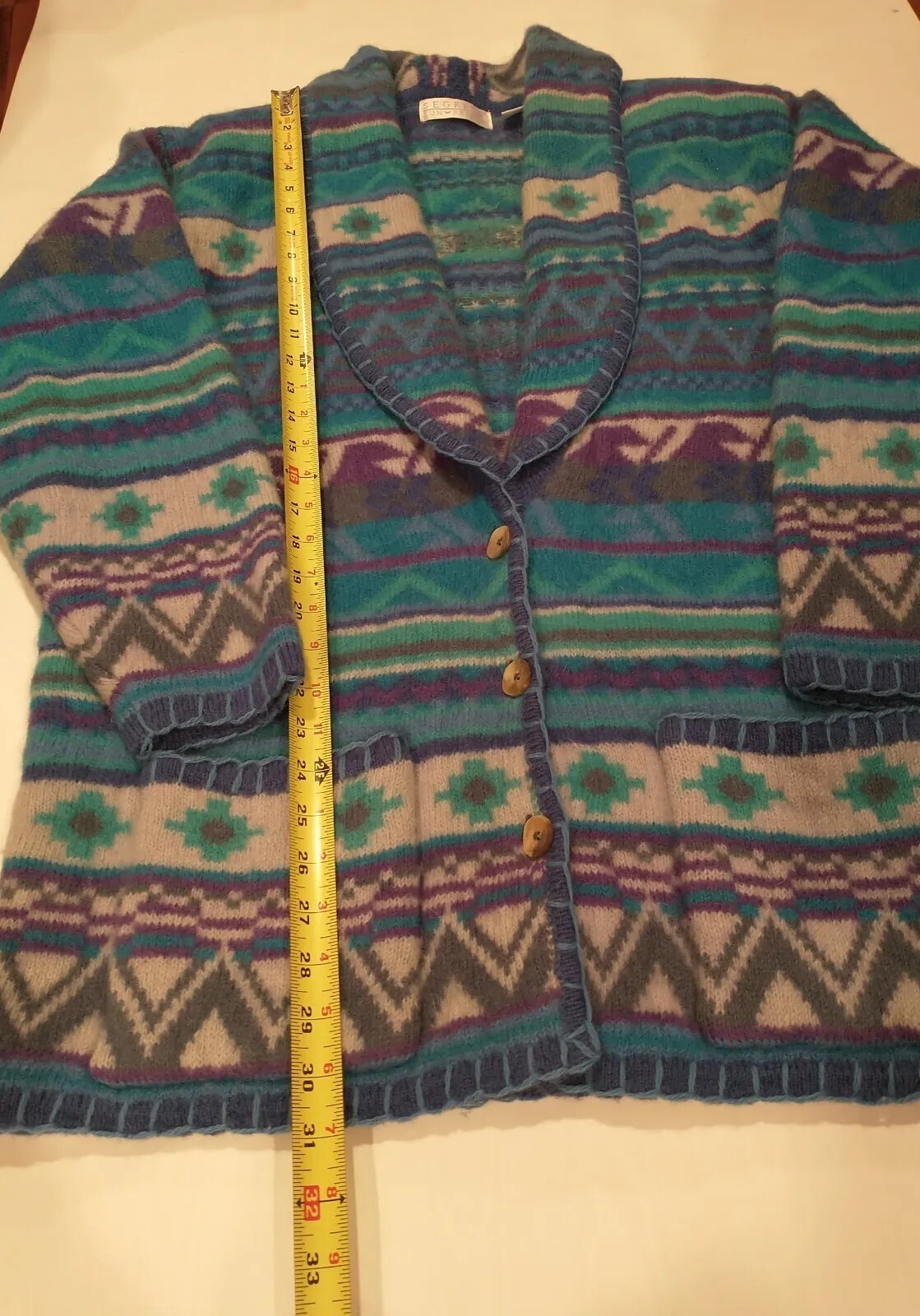 Vintage Segrets Sun Prints 90s Womens Size M Tribal Wool Cardigan Sweater Blue
