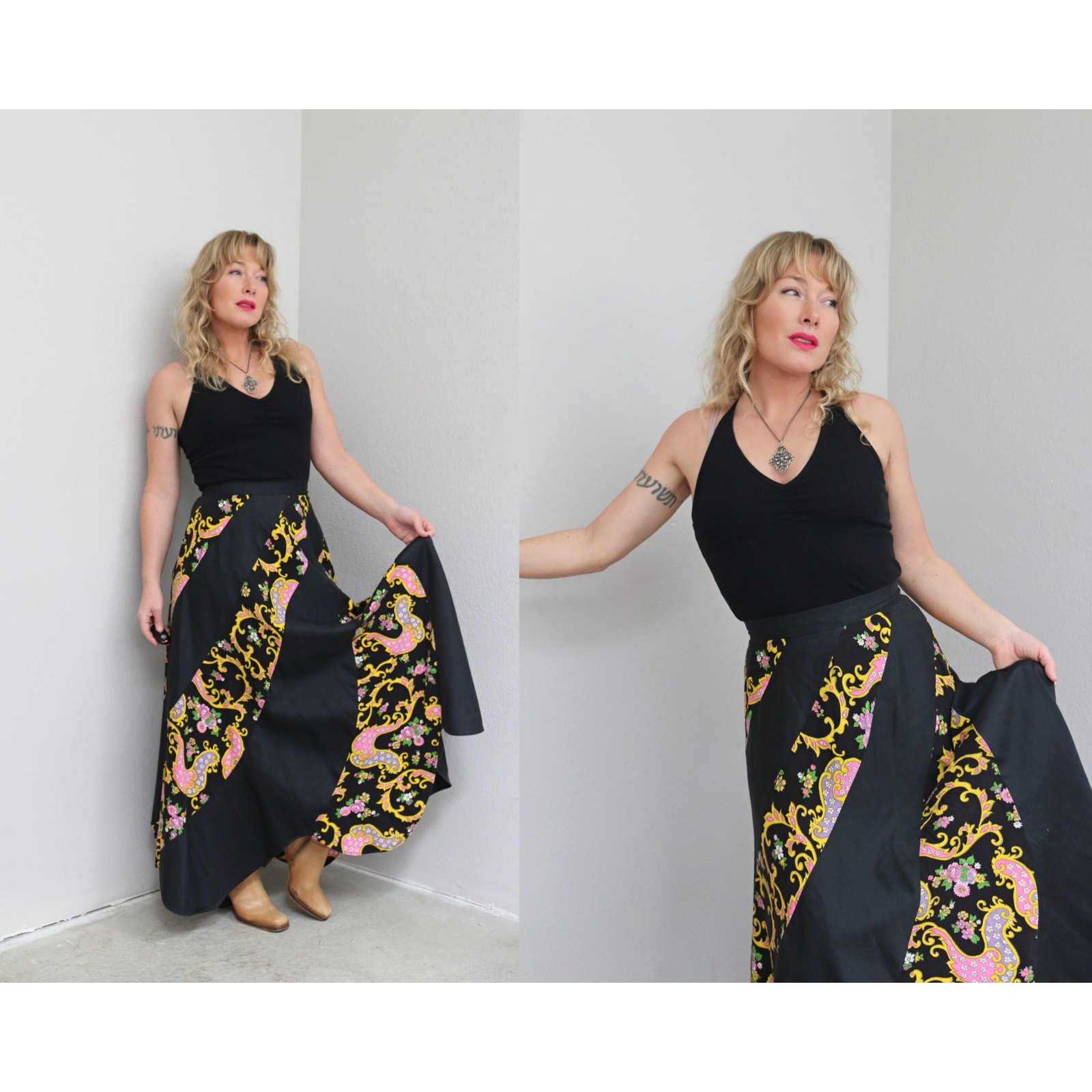 1970’s Vintage Black Paneled Paisley Maxi Skirt ~ Women’s XS SM 26″ 27″ Waist