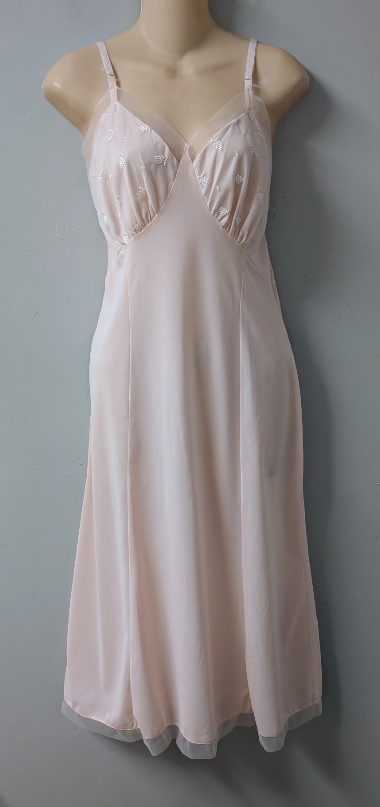 Vintage 50’s Seamprufe Pink Nylon Full Slip Chiffon Bust Overlay Embroidery 36 T