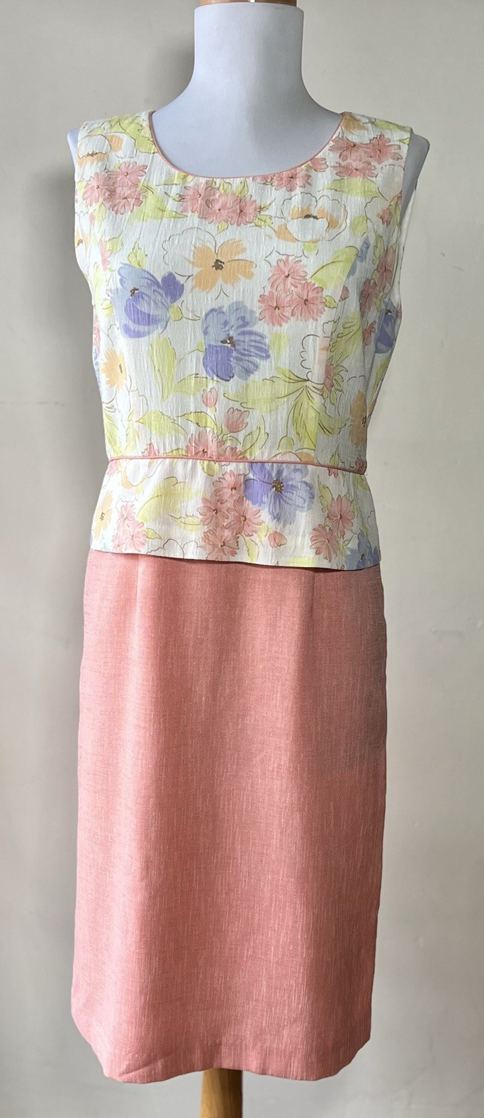 Vintage Floral Two Toned Sheath Dress Pink White Yellow Purple Women’s Size 38
