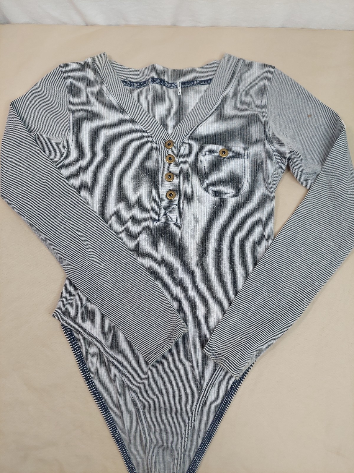 Vintage Y2K Ribbed Henley Bodysuit Black White Stripe Fitted Snap Bottom S 90s