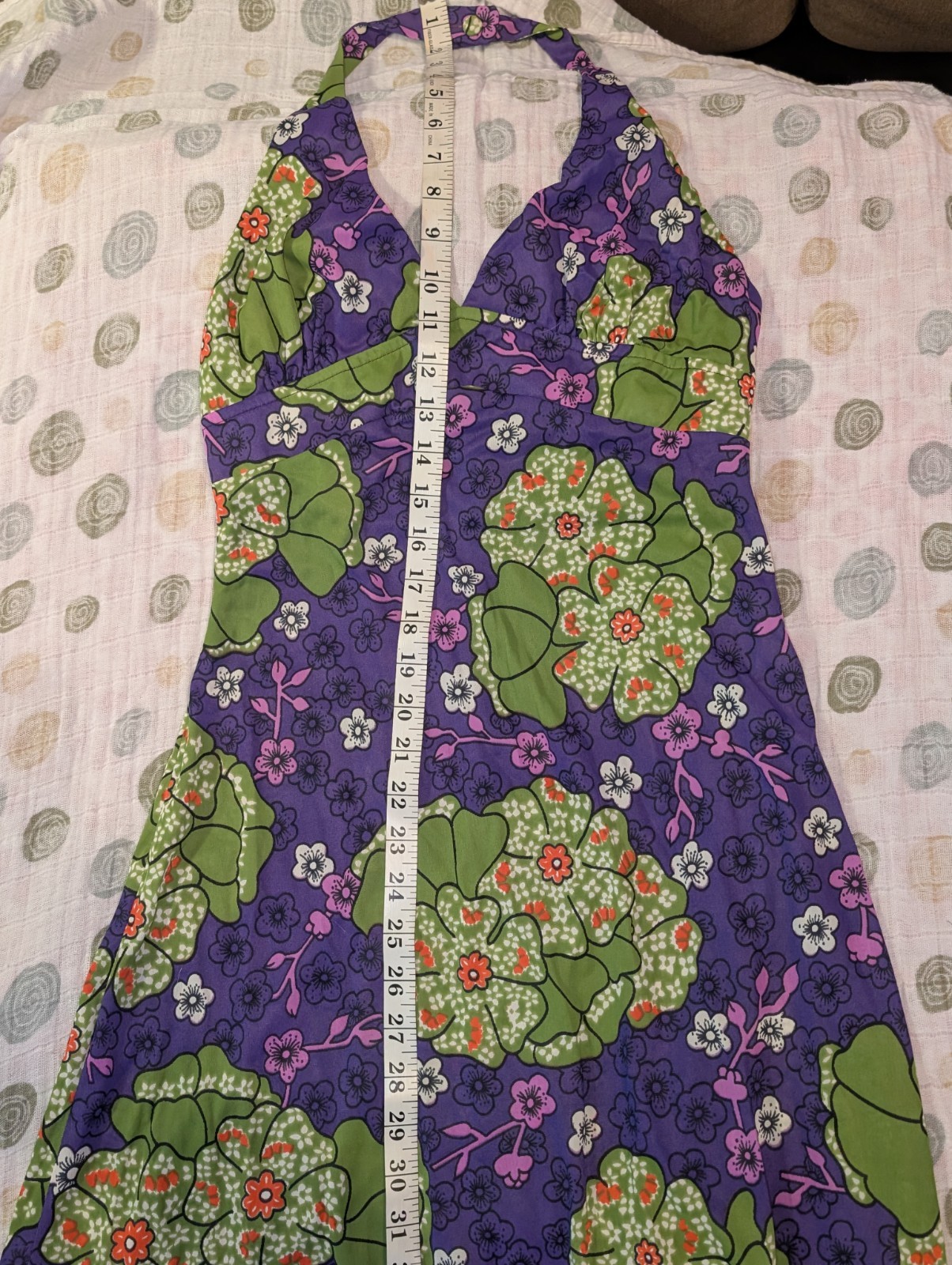 Vintage 70s HOUSE OF NINE Floral Halter Maxi Dress S Nylon Az 7 Green Purple