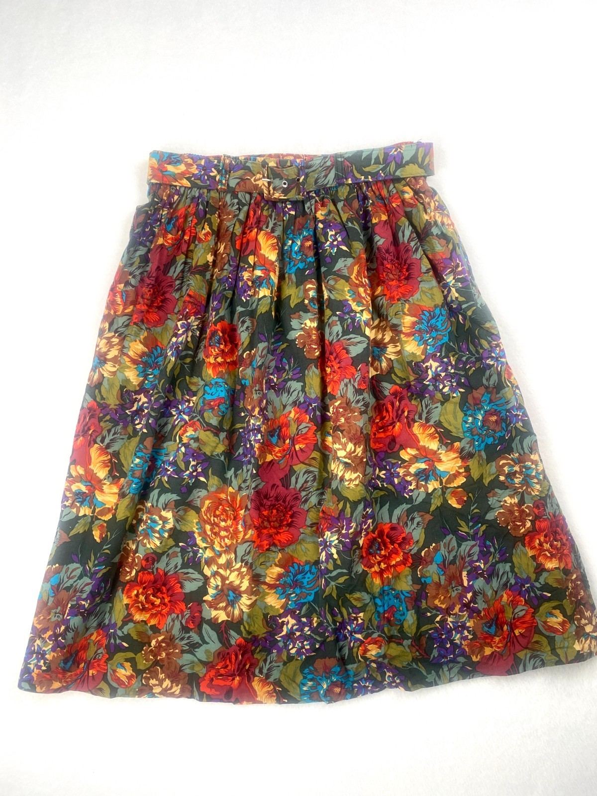 Vintage Womens Floral Midi 80s 90s Rayon Belted Skirt Size Medium Made in USA