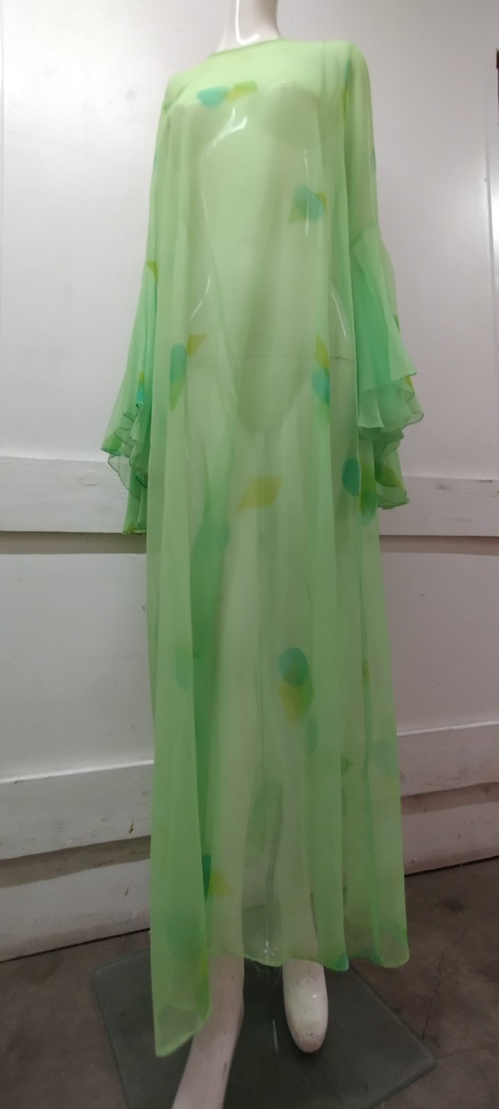 Vintage Psychedelic Jade Green Silk Chiffon Wide Bell Sleeves Maxi Gown Sheer L