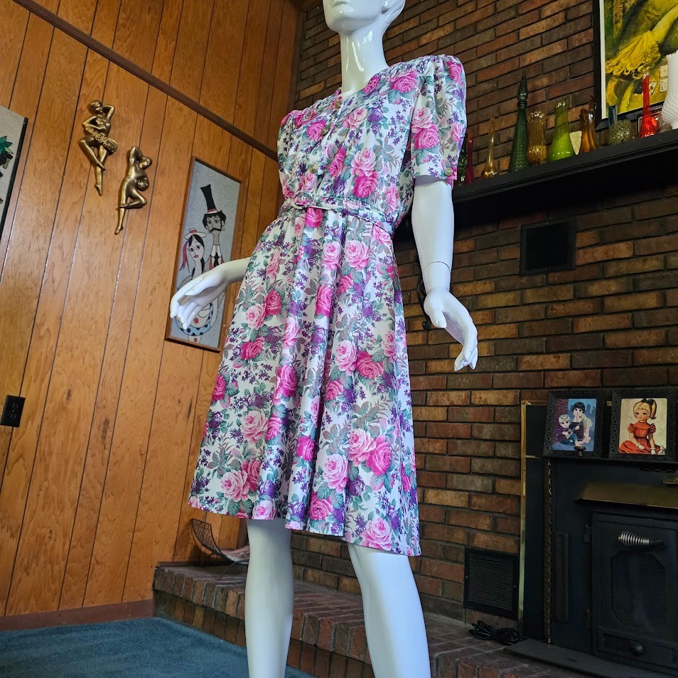 Vtg 80s Garden Party Cabbage Rose Granny Floral Belted Shirtwaist Tea Dress PM/L