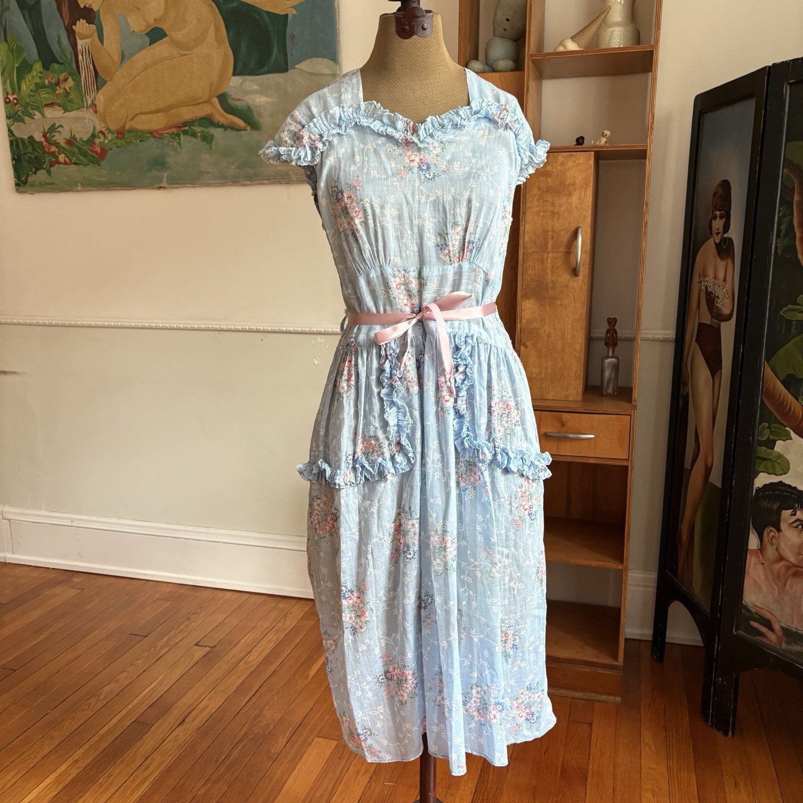 Vintage 1940s Blue Floral Cotton Voile Fabric Dress Ruffle Trim Summer