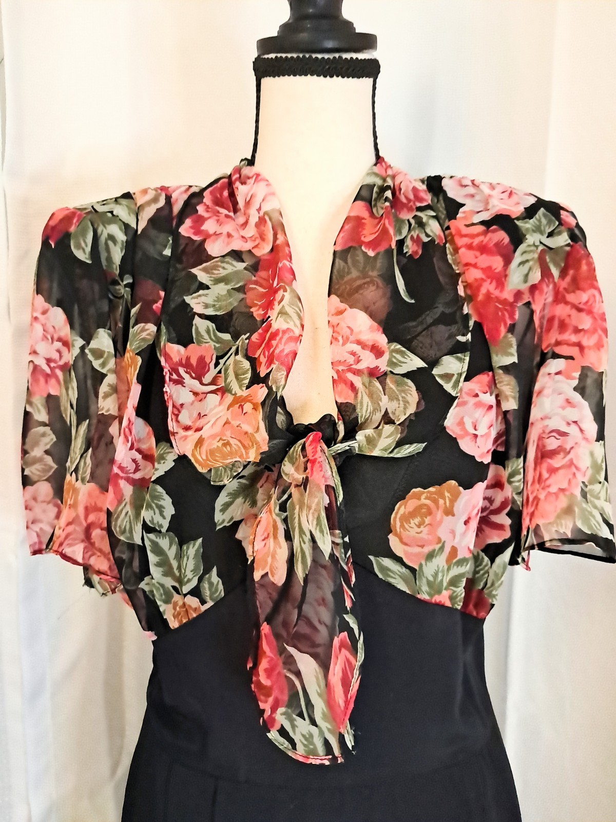 Vintage 80s Phoebe Floral Coquette Midi Dress 40s Inspired Silhouette Sz 14