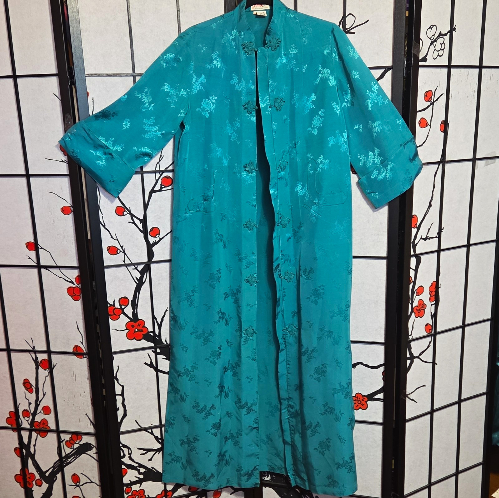 Vintage Green Floral Silk Satin Rayon Robe w/ Frog Closures And Pockets M