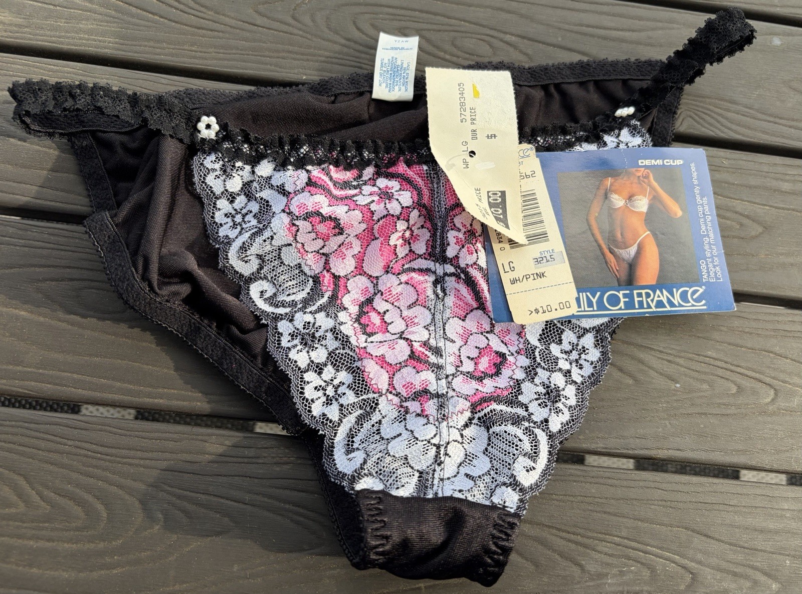 New Vintage Lily of France Lace White/Pink/ Black Panties Size Large