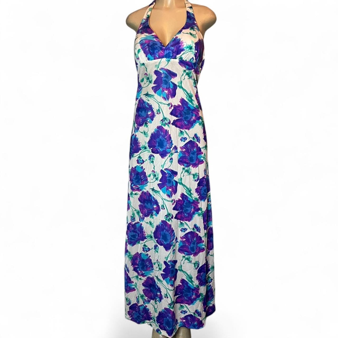 True Vintage 70s Floral Halter Maxi Dress Swimsuit with Built-in Bra Size 8-10