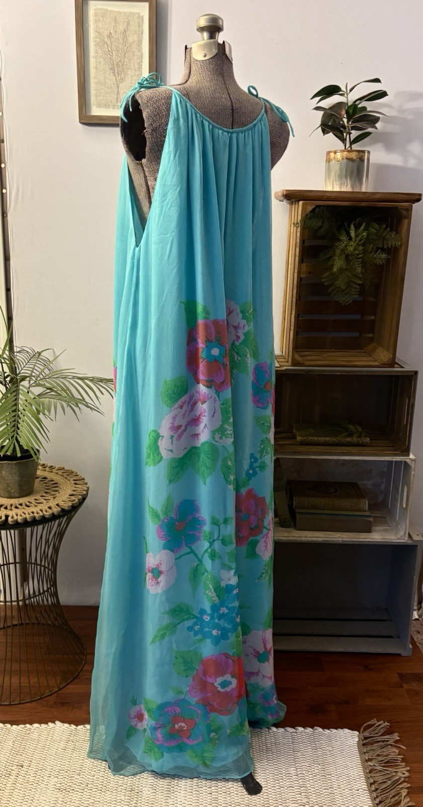 VTG Caroline Charles London 100% Silk Maxi Dress M/L 8-12 Sheer Floral Overlay