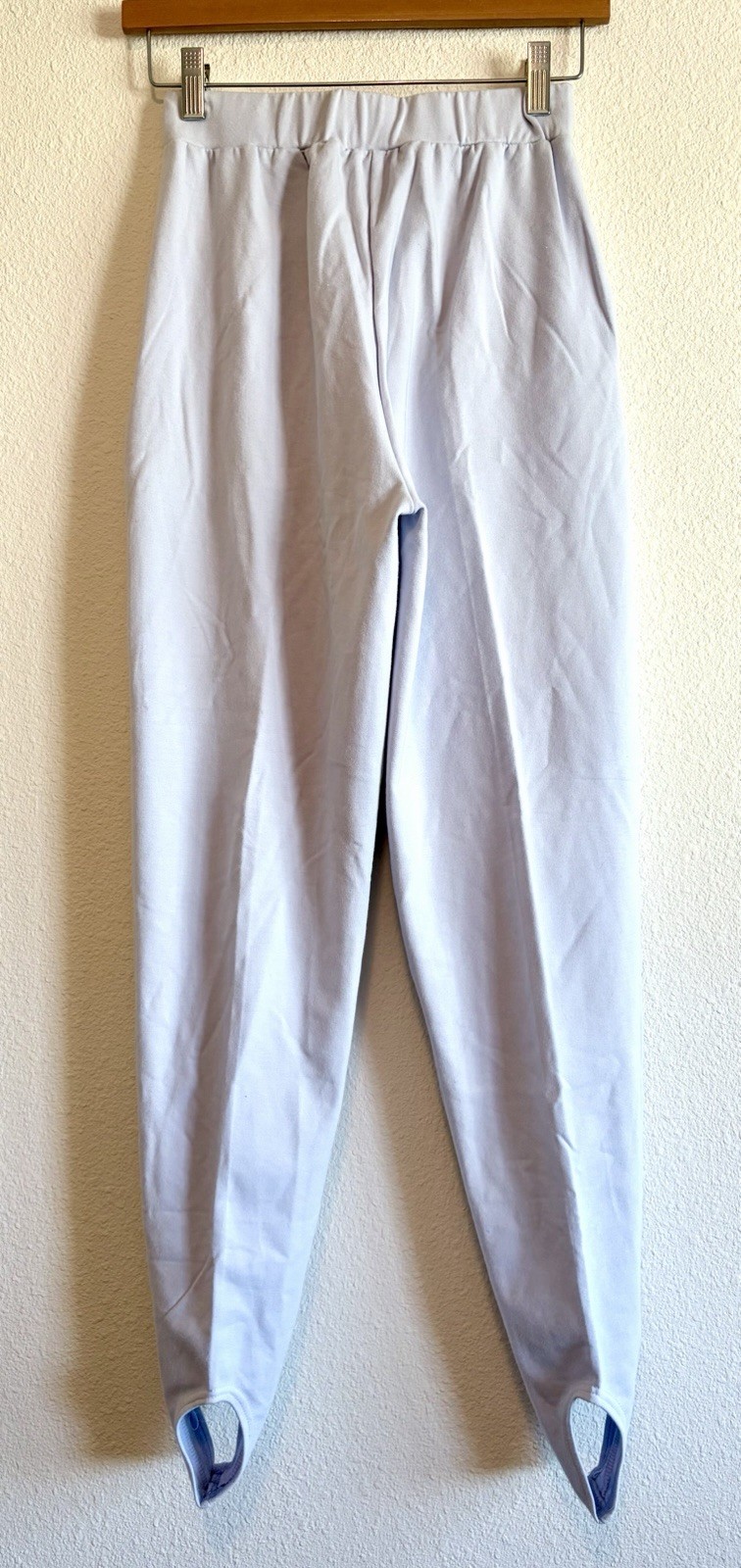 VTG 80s Pastel Blue stretch Stirrup Pants, Pull on, High rise Pleated, Pockets S