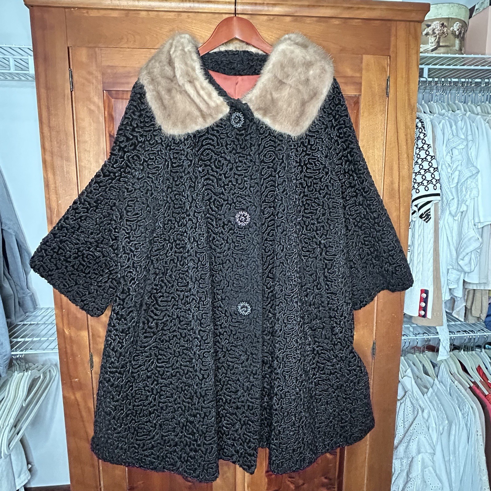 Vintage Astrakin Lepshire Longline Curly Persian Lamb Wool Coat with Mink Fur XL