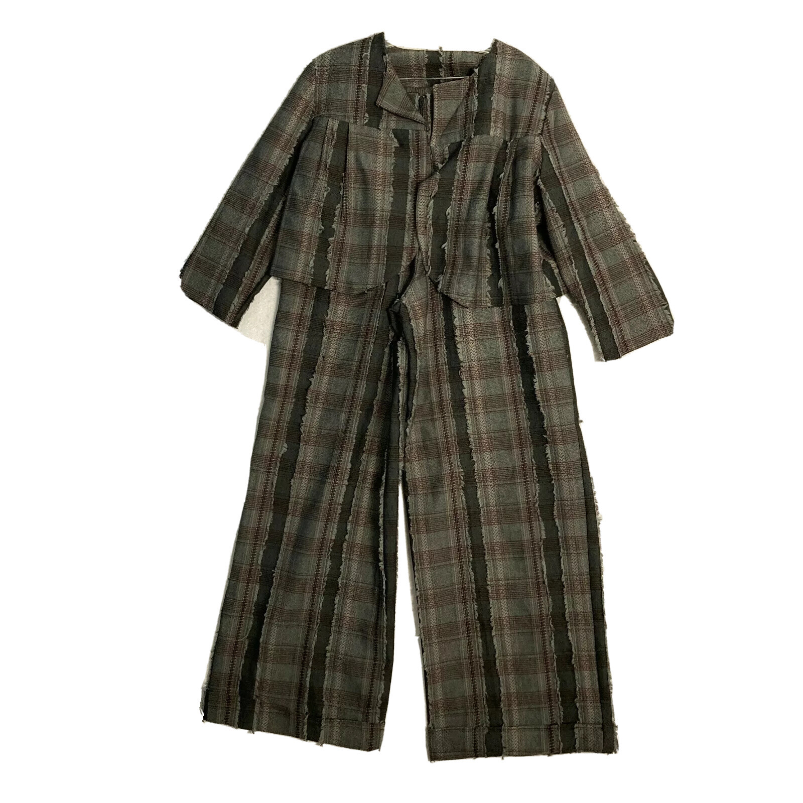 VTG Plaid 2 PC Wide Leg Pants Cardigan S / M 29 x 33.5 Boho 70s Frayed Gray