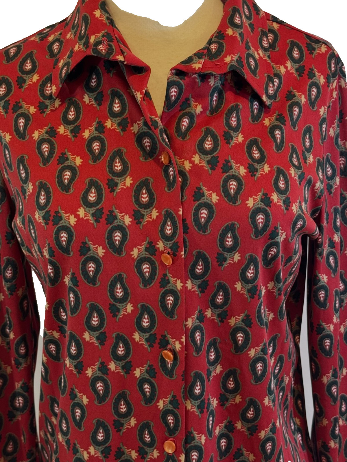 1970s Graff Californiawear Red and Navy Polyester Knit Paisley Blouse – S/M