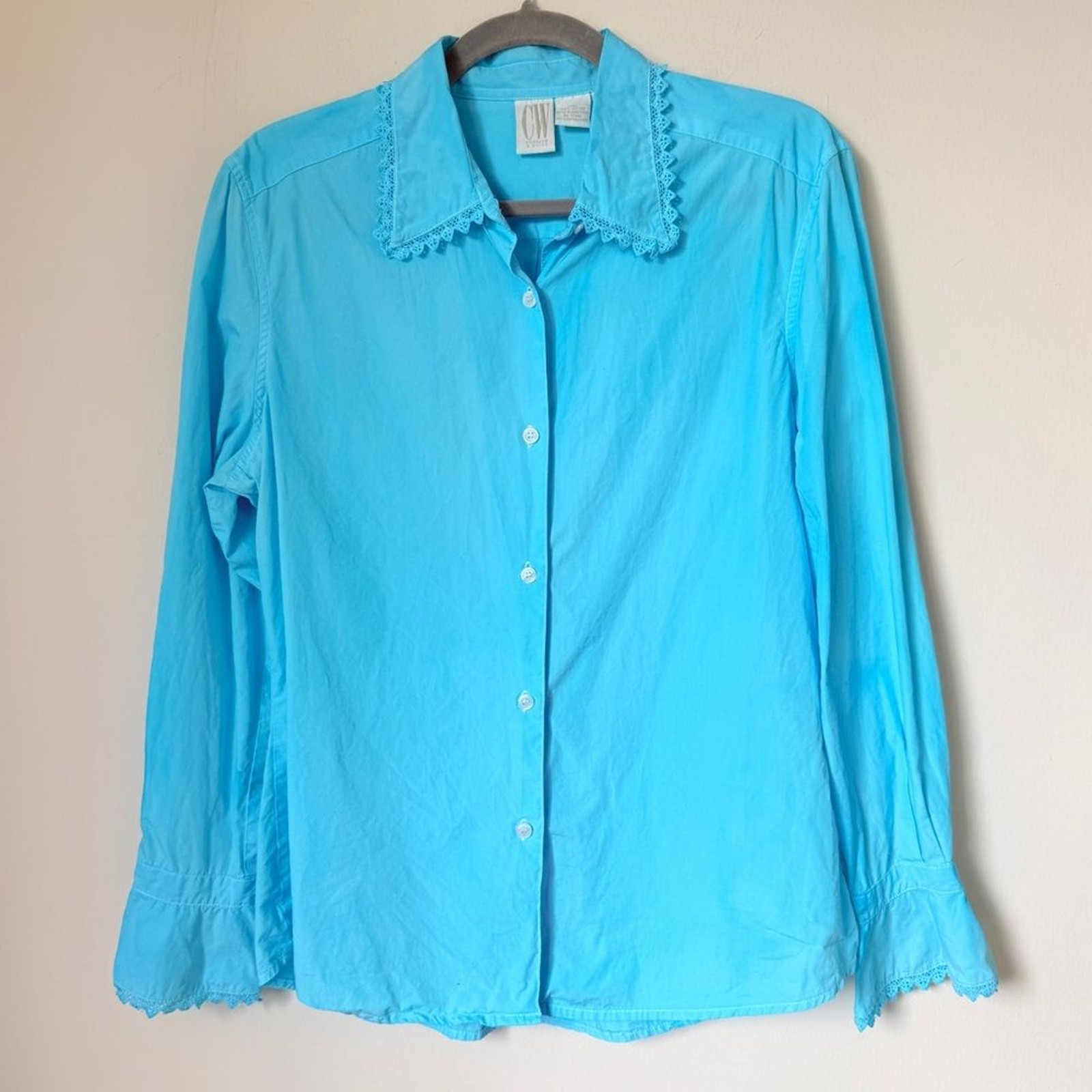 Vintage Hand-dyed Turqoise Aqua Blue Button Down Shirt Blouse Top Eyelet Trim 12