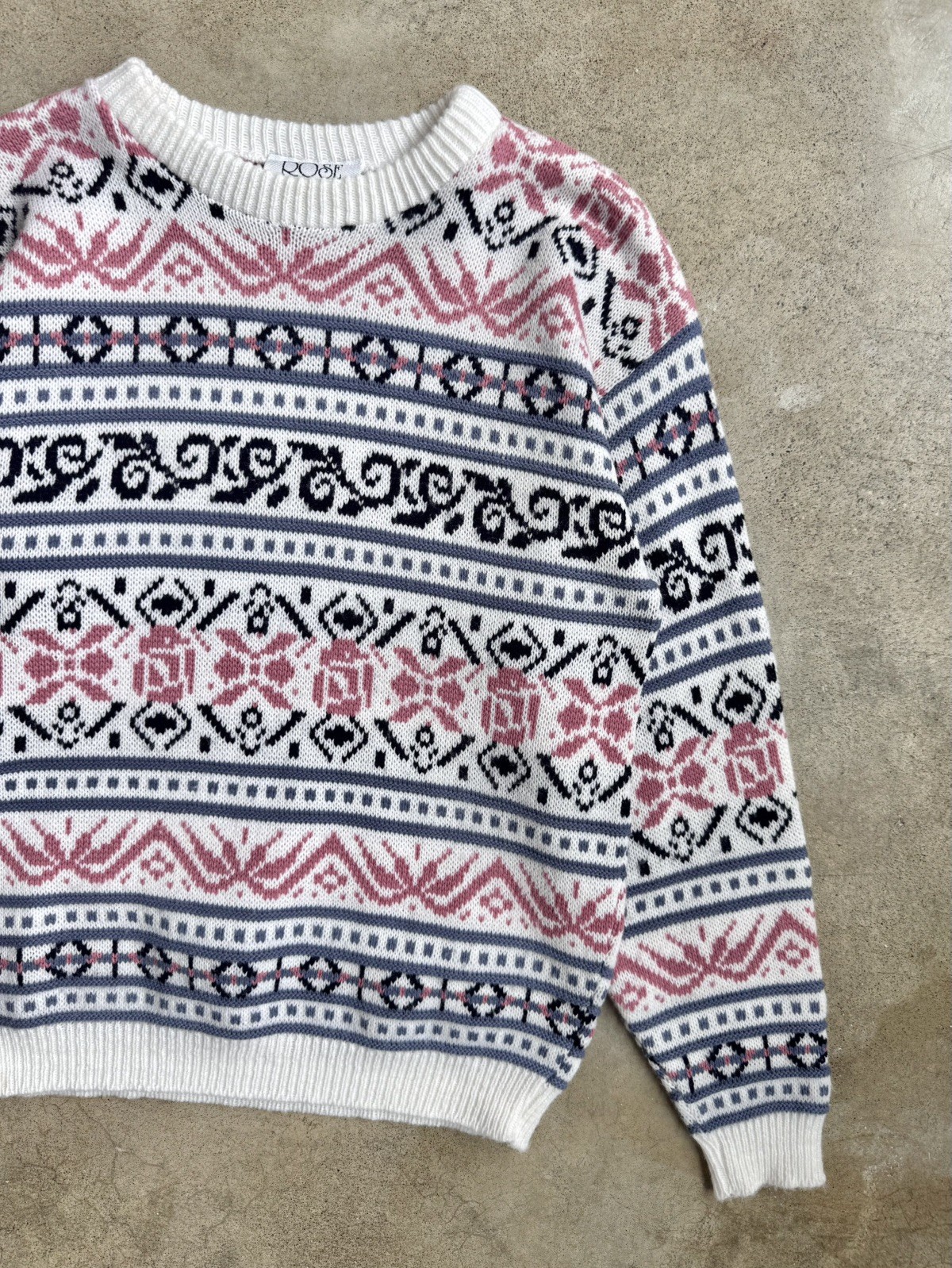 Vintage 80s 90s Rose Pink/Purple Multi Pattern Ski Sweater Size S/M