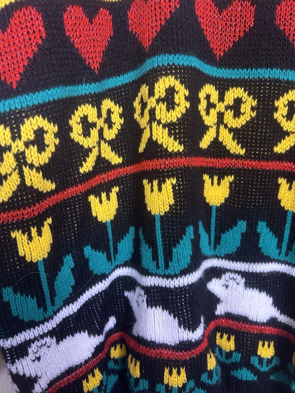 Vintage 80’s Adele Knitwear Knit Sweater Cat & Mice USA Med/Lg Oversized Lurex