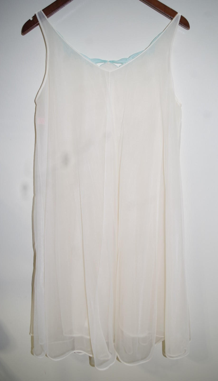 K Vintage Yolande M Off White & Aqua Openwork Pearls Chiffon Nylon Nightgown