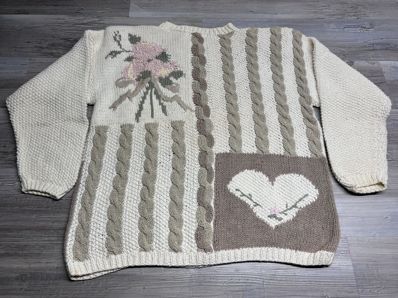 Vintage Floral Heart Patchwork Knit Pullover Sweater Cottagecore Grandmacore M