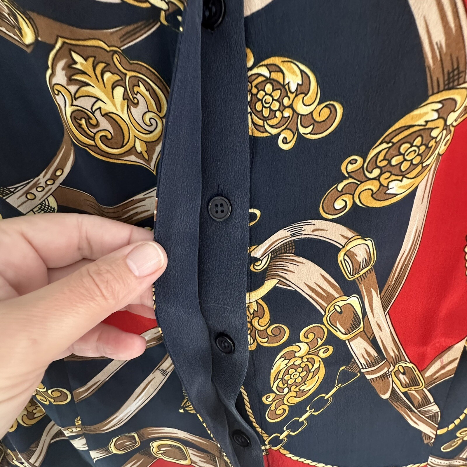 Vtg Stephanie Andrews 100% Silk Button Dwn Blouse XS Navy L/S Corpcore Old Money