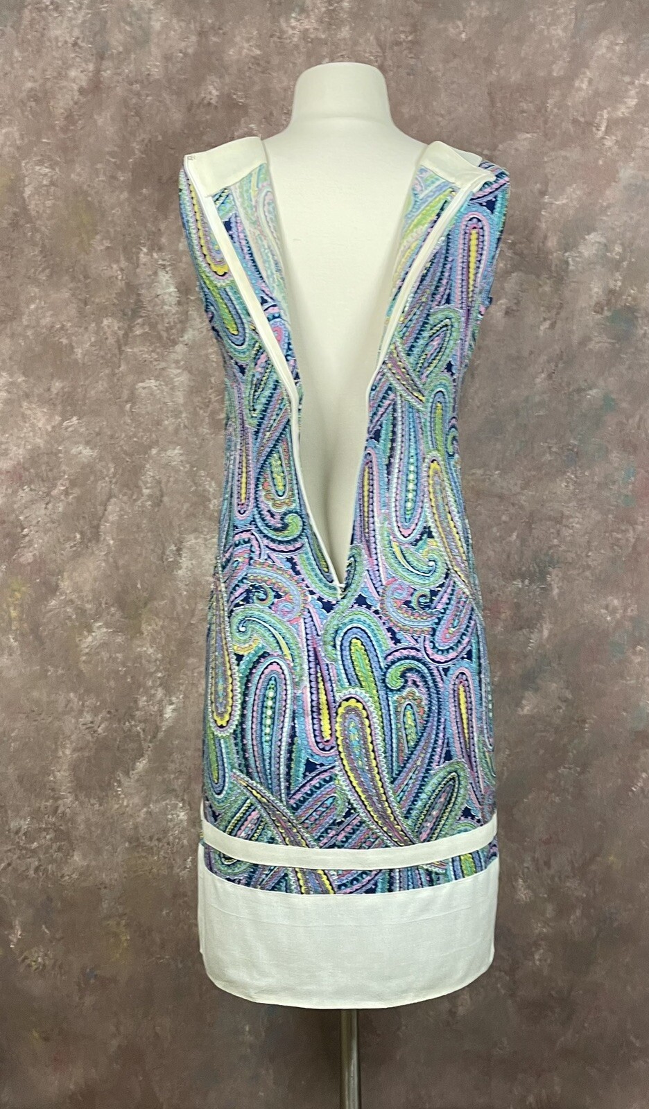 Paisley Shift Dress Vintage 1960s XS Sleeveless Blue Purple Yellow Handmade