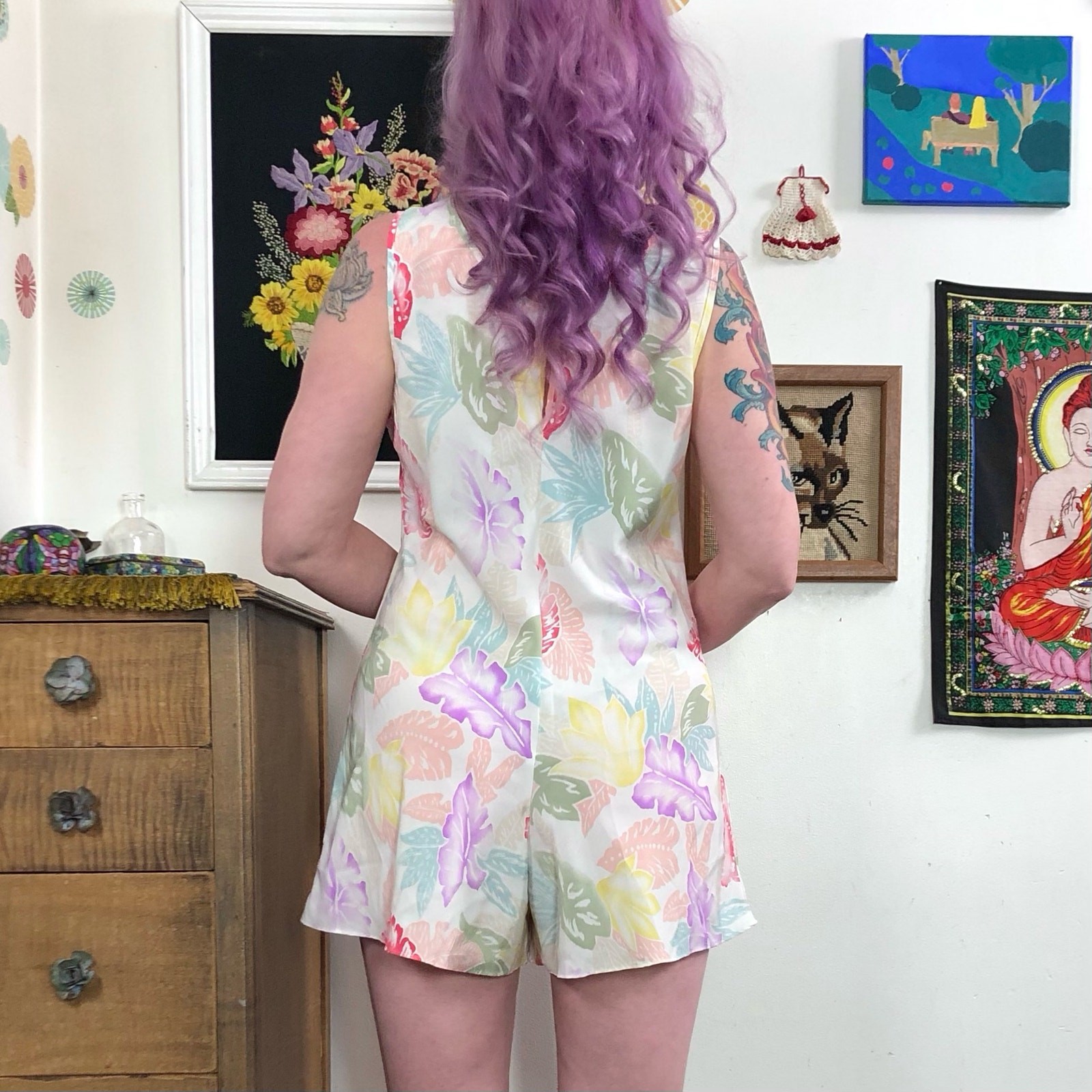 Vintage Floral Lingerie Romper, Sz M Pastel Tropical Print Step In Teddy