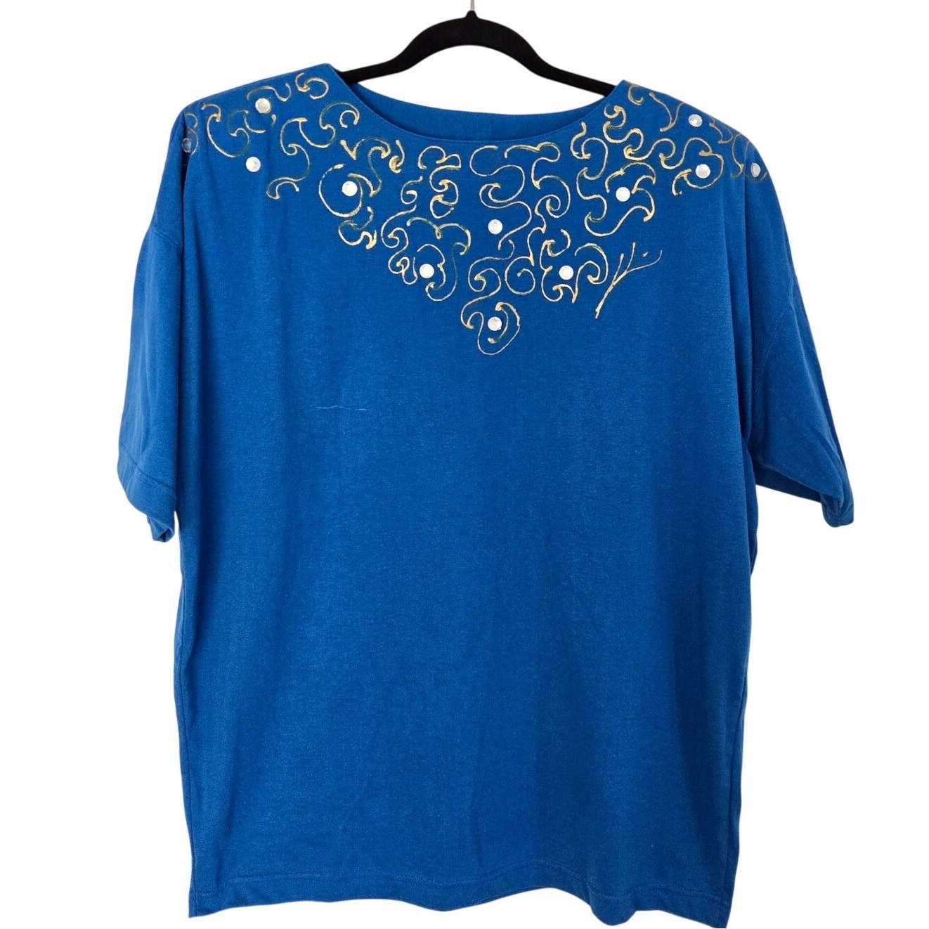 Vintage 80s DB Sport Royal Blue Short Sleeve Top Gold Puffy Jeweled Neckline XL