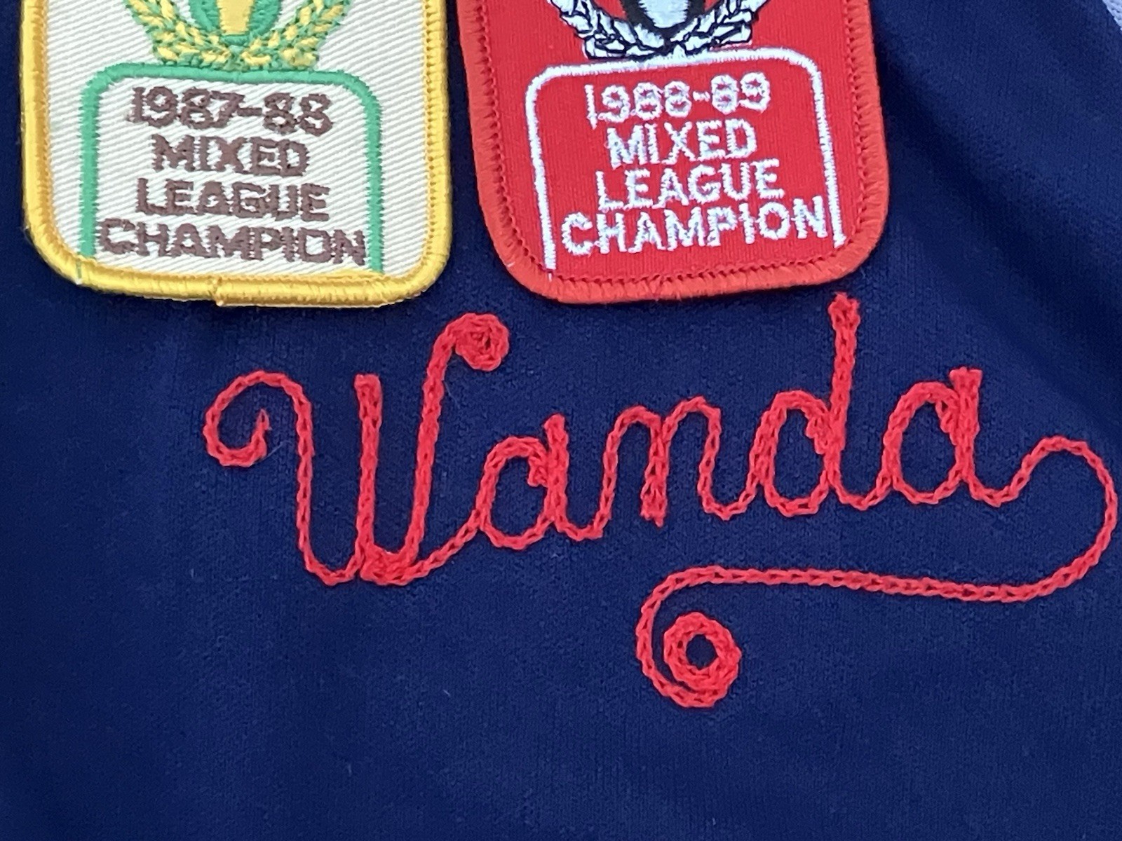Vtg Bowling Shirt Womens Rockabilly Red White Blue Chain Stitch Pins Patches
