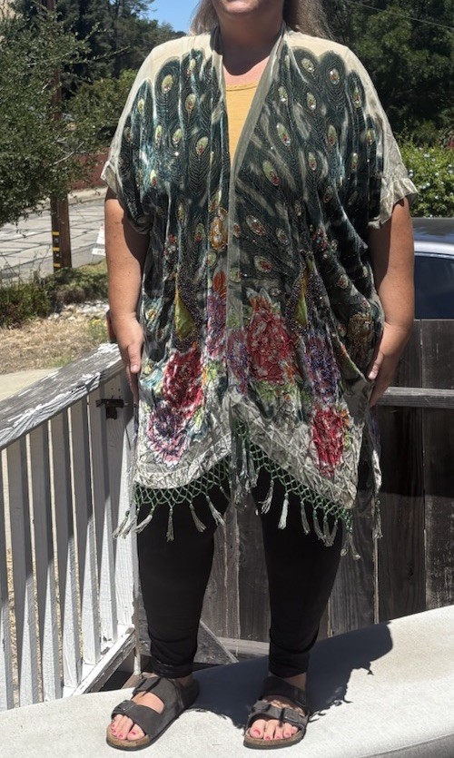 Kimono Duster Jacket Peacock Floral Velvet Beaded Burnout Coverup OS L/XL/1X/2X