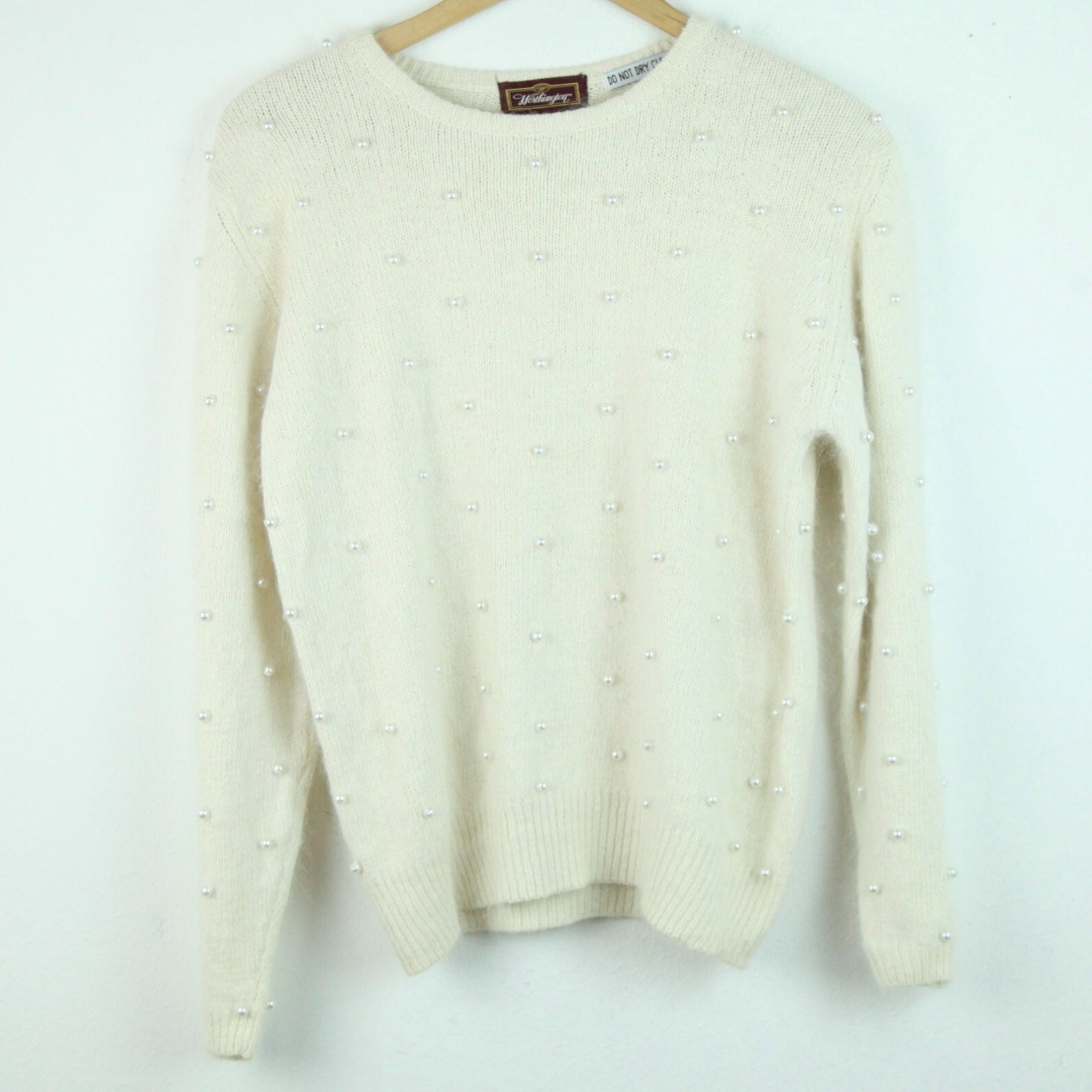 Vintage Medium Sweater Pearl Beaded Cream Angora Silk Coquette Girly Old Money