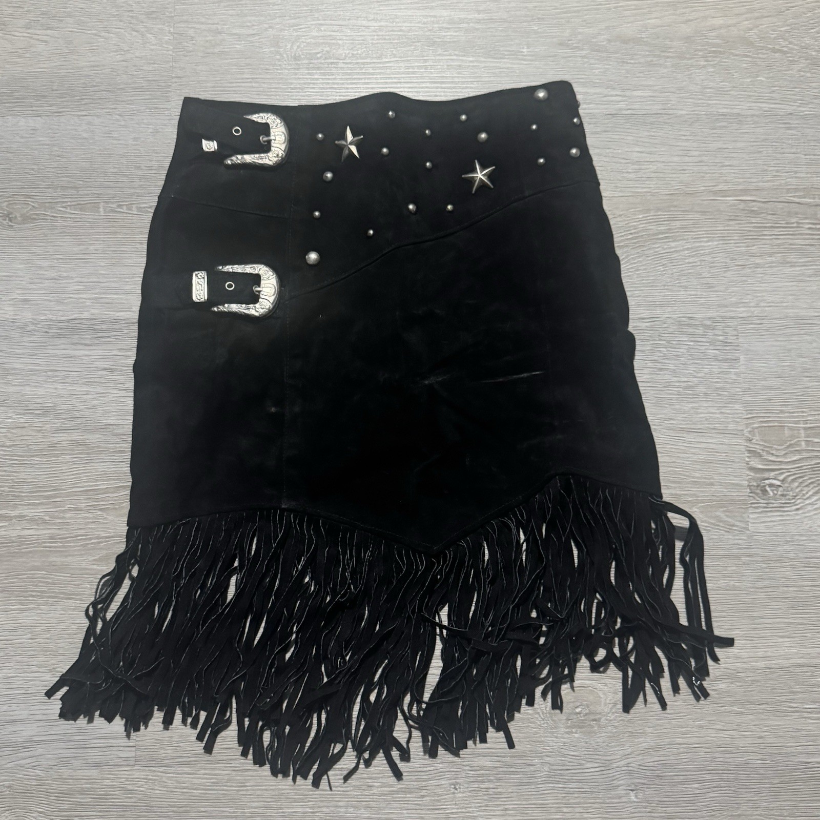 Vintage S&U Leather Fashions NY Fringe Skirt XS Black Western Boho 80s Glam Rock