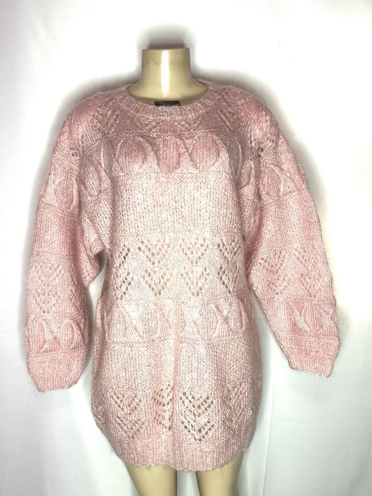 VINTAGE HAND KNIT JENNIFER REED PINK MOHAIR OVERSIZED TUNIC SWEATER SZ LG
