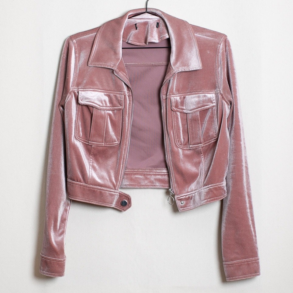 Pink Velvet Crop Jacket Zip Front Snap Cuff Dual Pockets S/M 90s Y2K Style