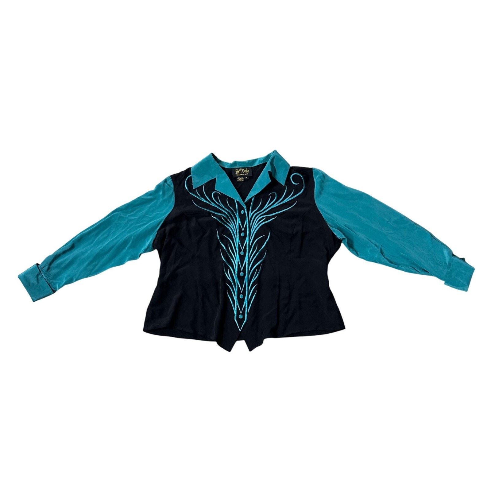 Vintage Bob Mackie Wearable Art Shirt Silk Western 90s Blouse Teal Black 1X READ