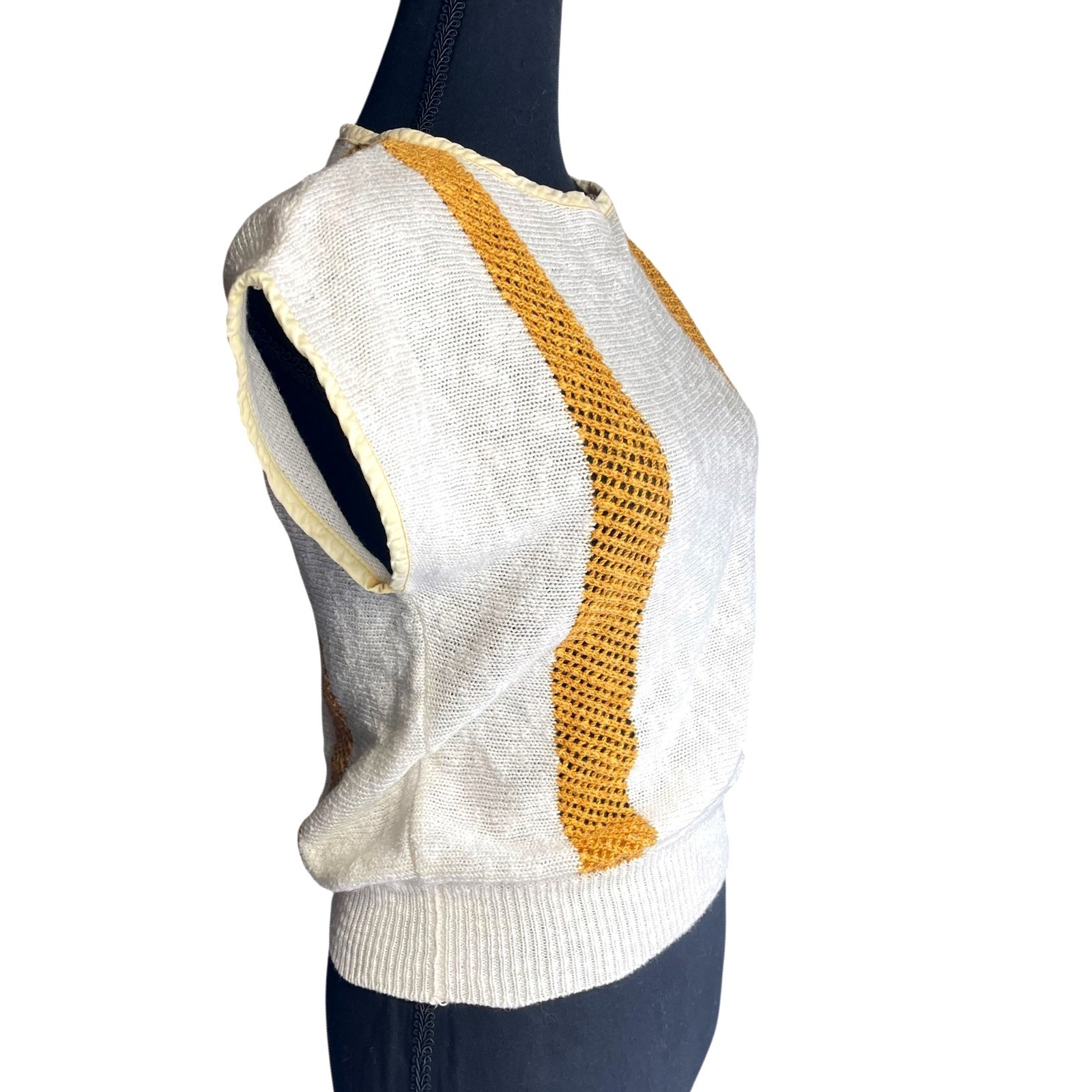 Vintage Short Sleeve Sweater Top Beige and Golden Yellow Women’s XS/S Boho Chic