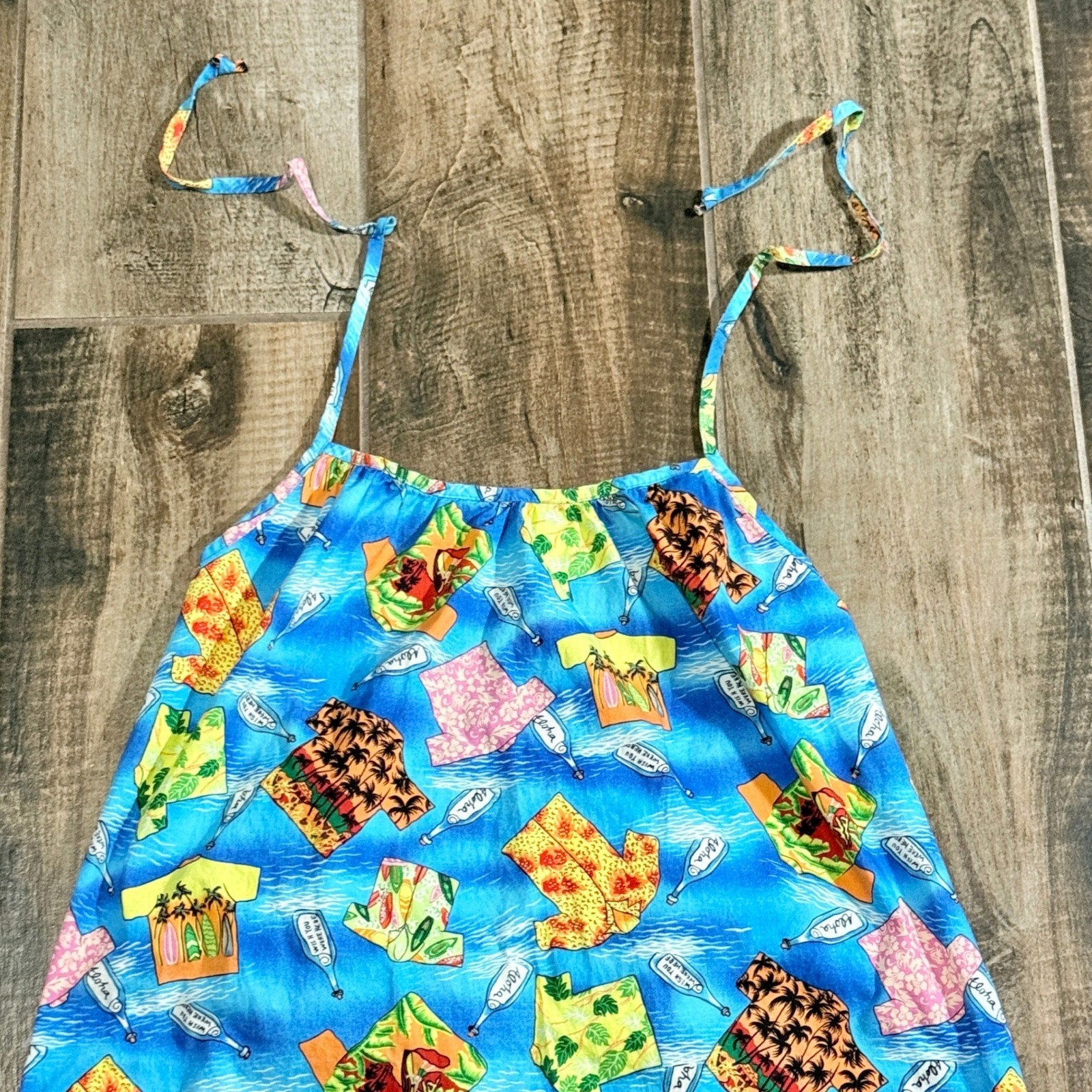 Hilo Hattie Womens VTG Message In Bottle Novelty Hawaiian Halter Dress, Blue, L