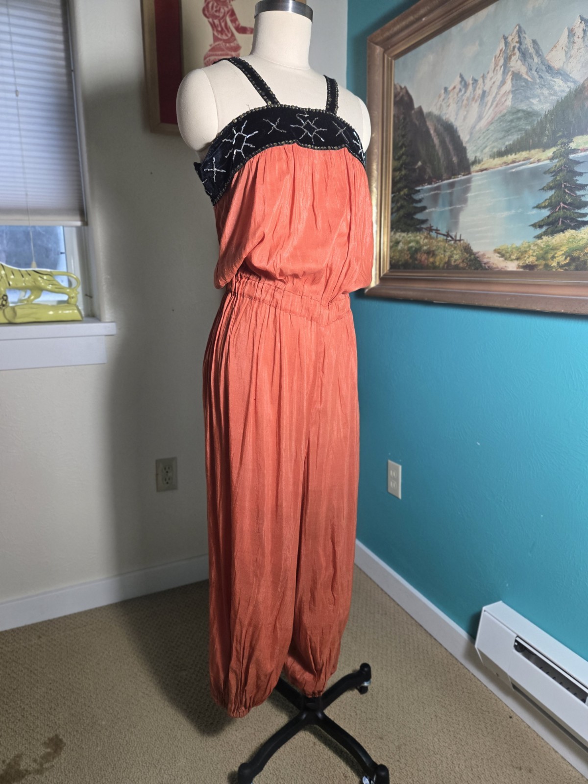 Vtg 1920s 1930s Orange Cotton/Silk Beach Pajamas Romper Velvet Sequin