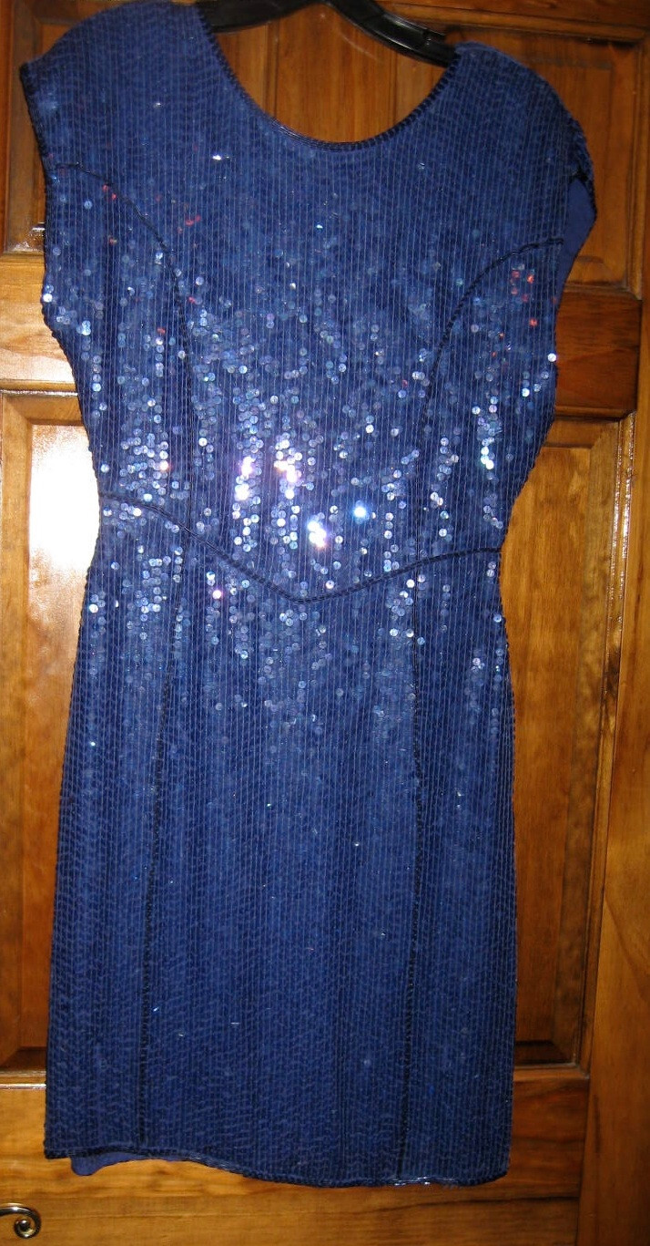 Interim Sequin Beaded Blue Short Sleeve Dress Size 11 Y2K Dazzeling