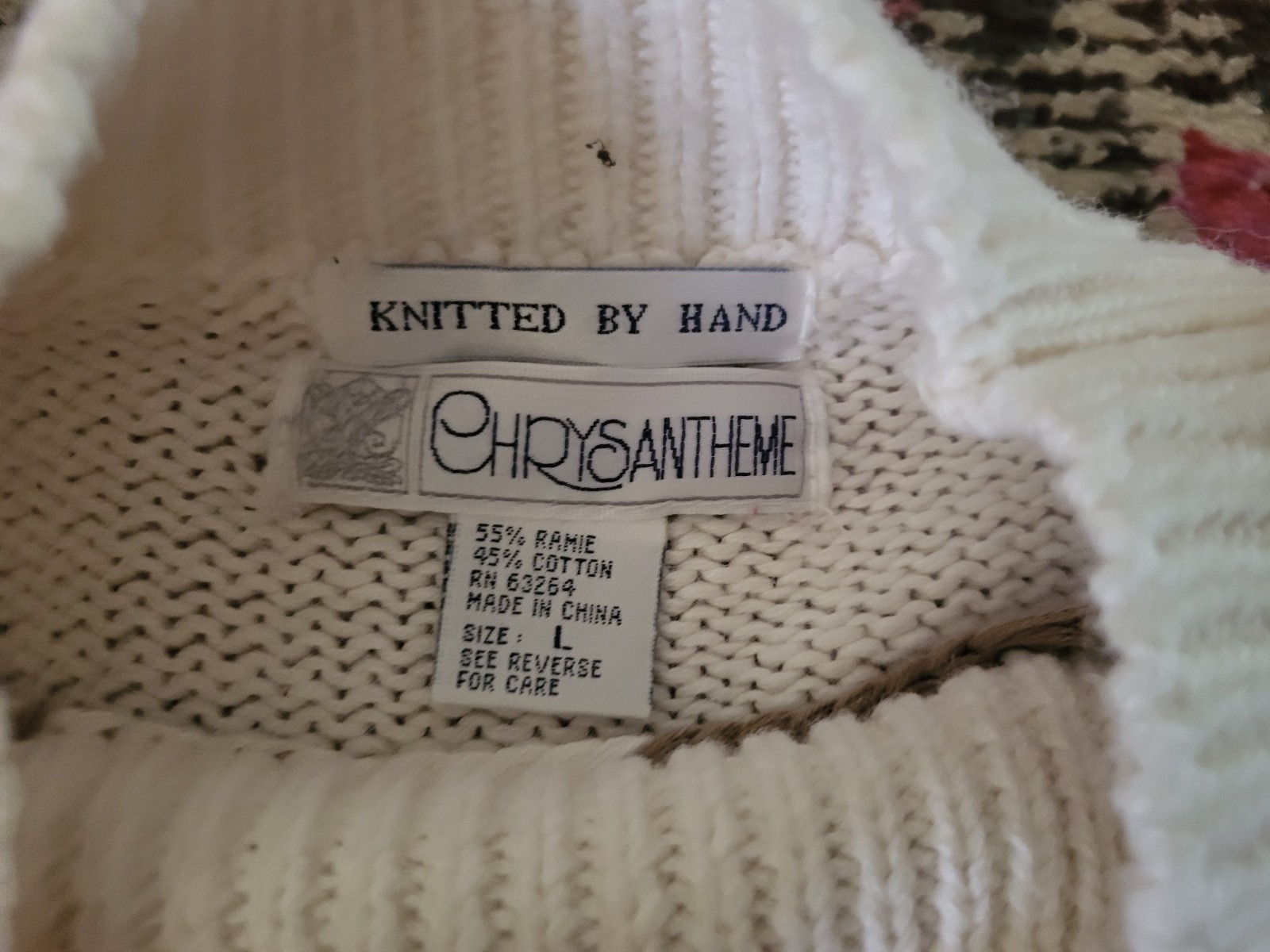 VTG Knit by Hand Chrysantheme womens L sweater pink floral HEAVY garden cottage