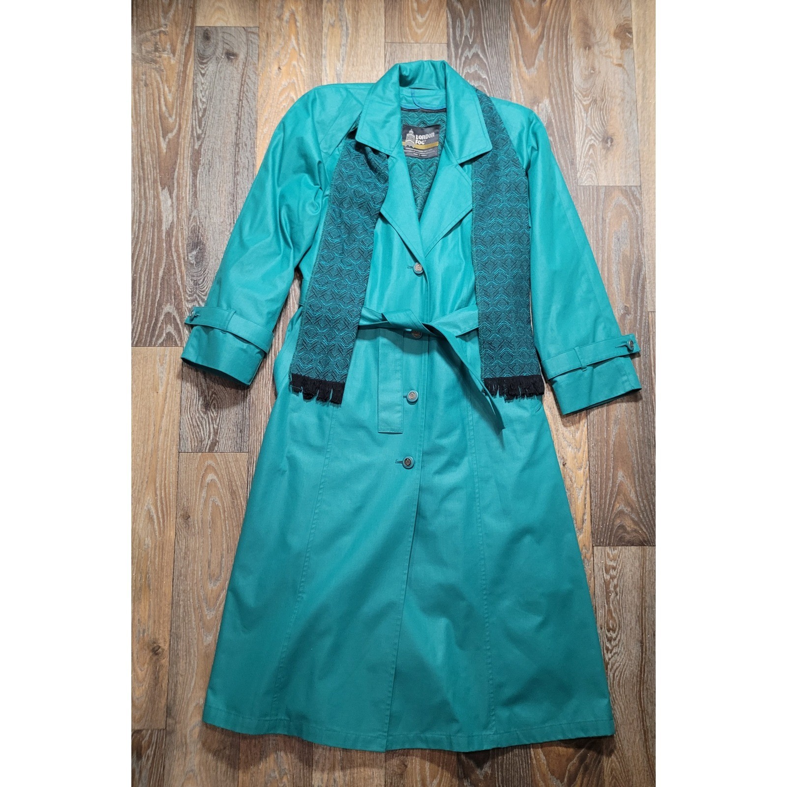 Vintage London Fog Teal Green Trench Coat Zip Out Liner Belted Womens 8 Reg