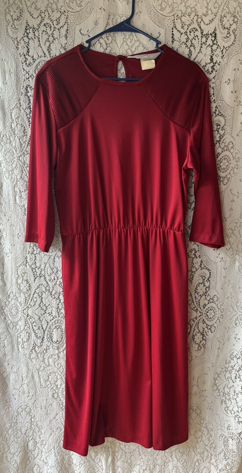 Vtg Blair Cranberry Red 3/4 Sleeve Pleated Midi Dress Elegant Casual Wear *