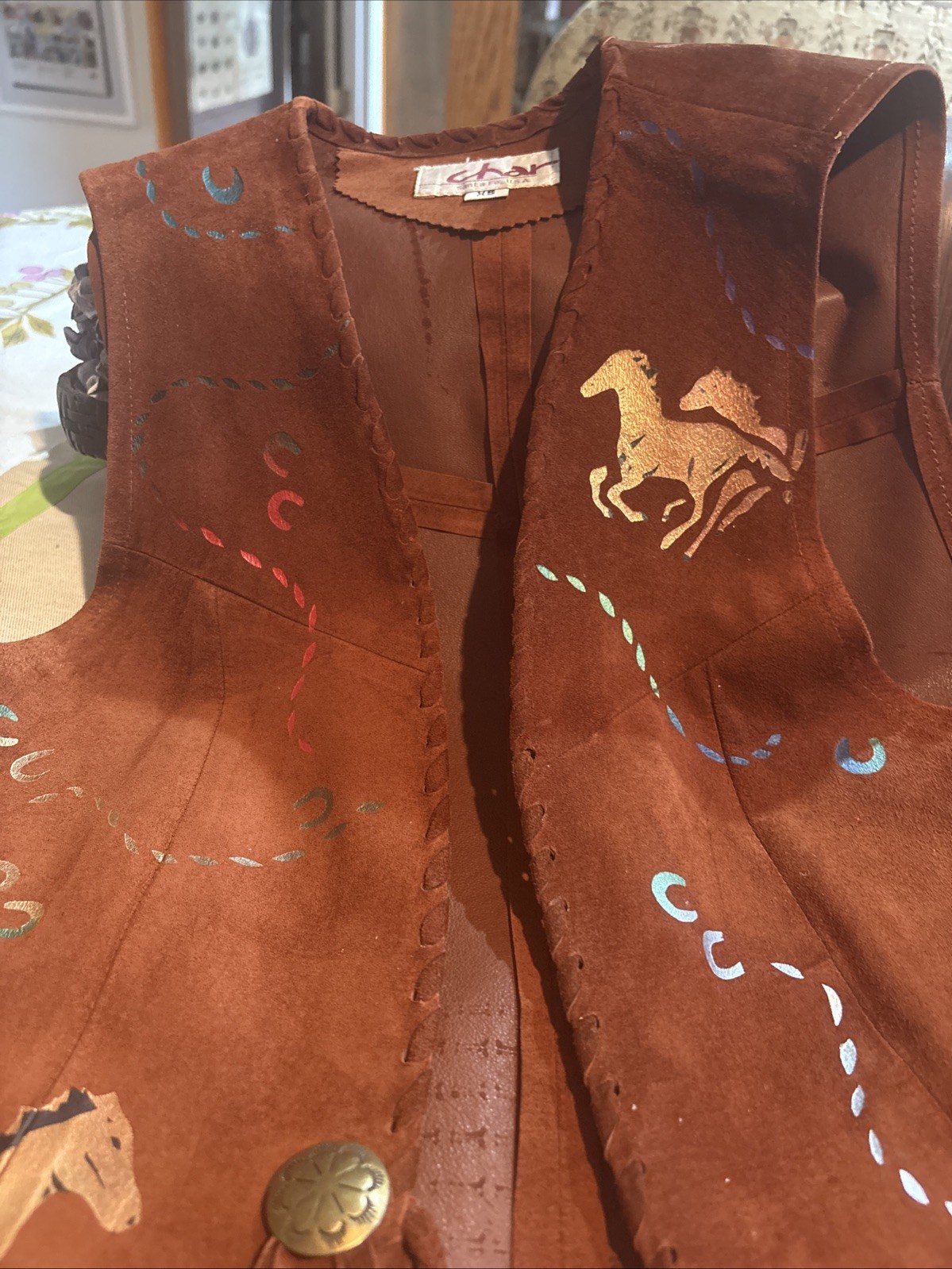 Char Leather Fringe Hand Painted Vest Size XS Santa Fe