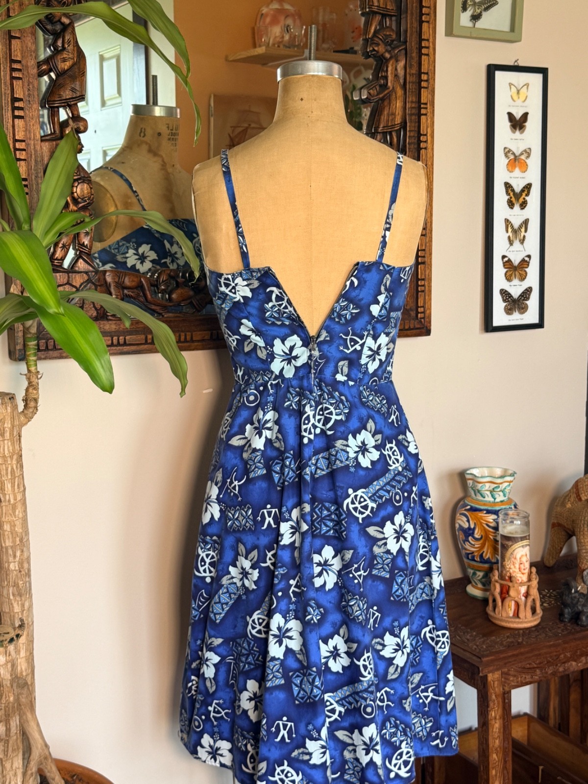 Vintage Handmade 60s Style Blue Hawaiian Print Sundress Size XS
