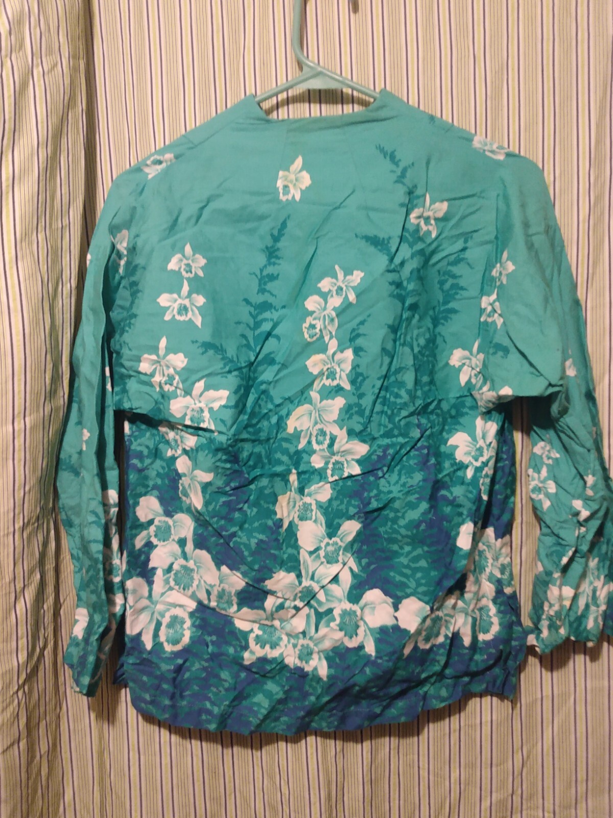 Seafoam Turquoise VINTAGE TROPICAL Print Blouse Top SMALL