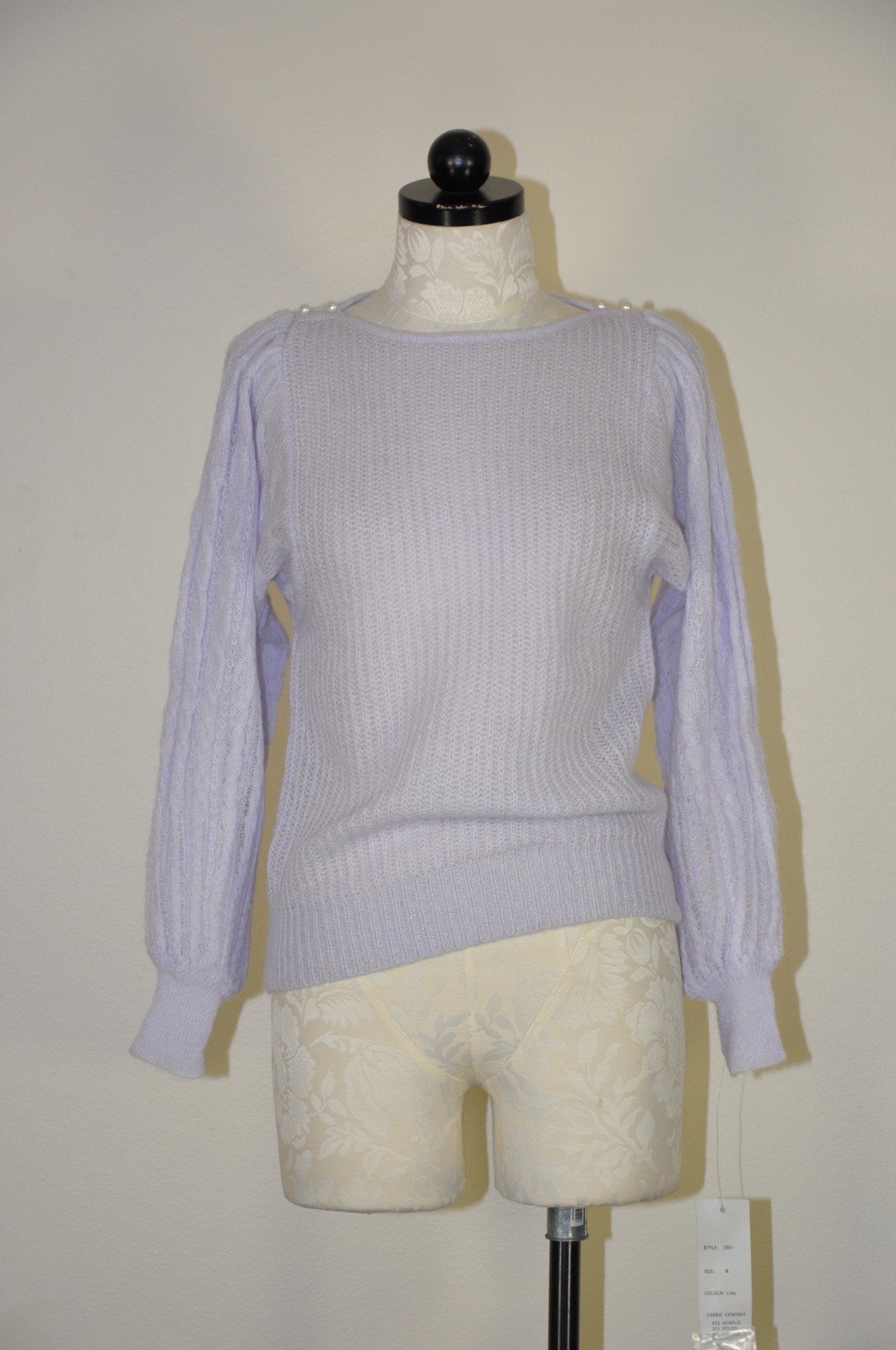 70s VTG Lavender Purple Mohair Puff Sleeve Pearl Buttons Knit Sweater Women XS
