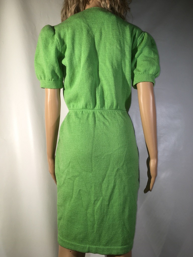 Vintage St. John by Marie Gray Knit Green Dress Puff Sleeves Size 8 1980s V-neck