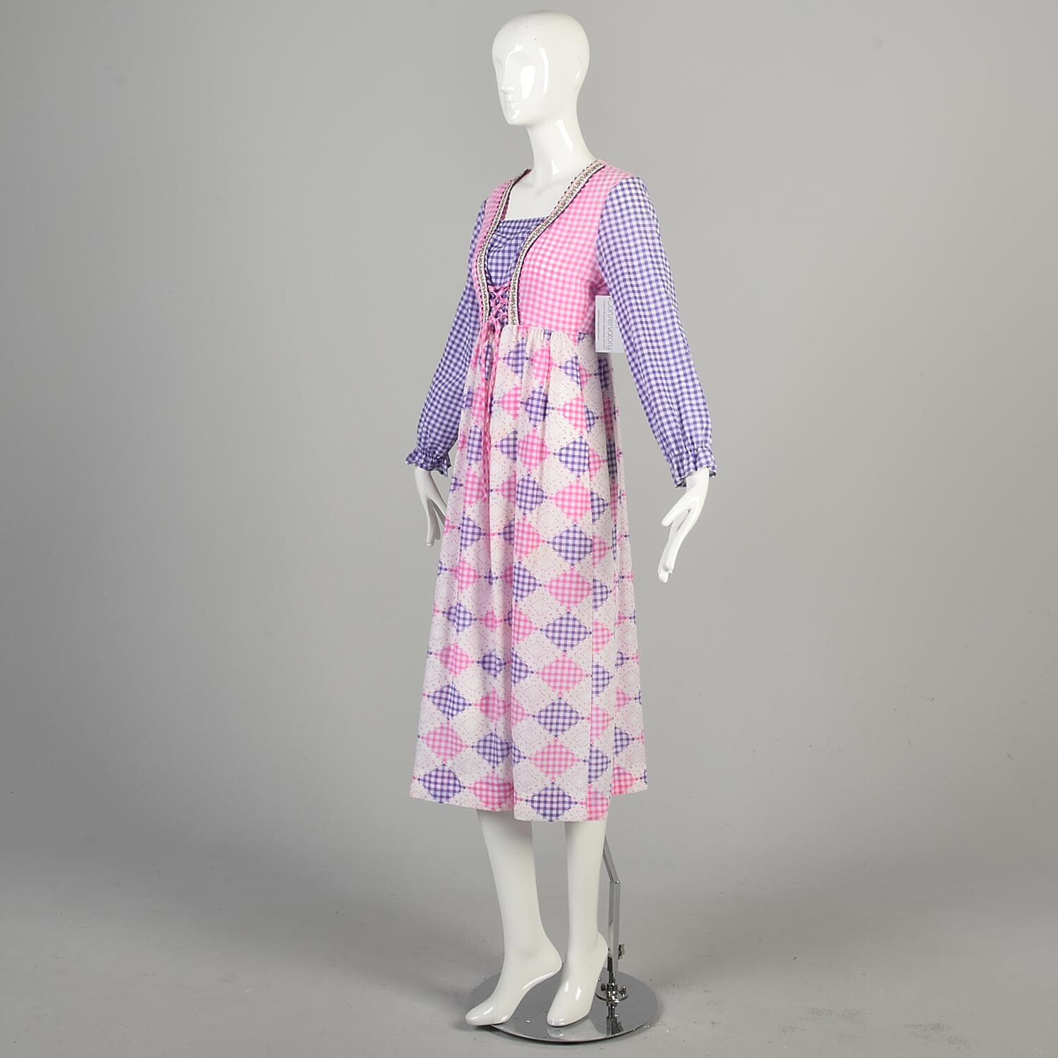 1970s S/M Pink Purple White Gingham Dress Corset Lacing Long Gathered Sleeves