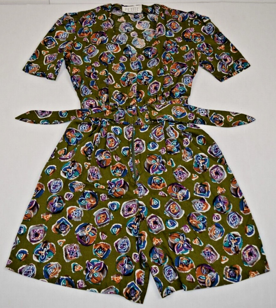 Vintage Romper Petite Sophisticate Size S 90s Olive Green Watercolor Rayon