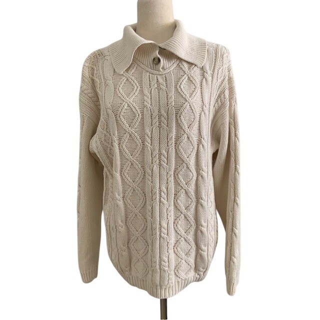 Vintage 90s Fisherman Sweater L Chunky Cable Knit Ramie Cotton Quiet Luxury